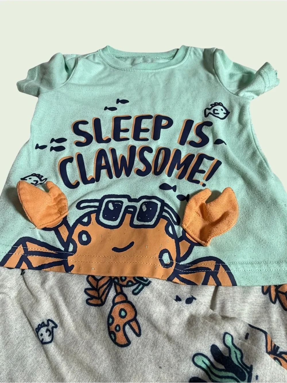 Kids' 3T Mint Green Crab Pajama Set - Sleep Is Clawsome!